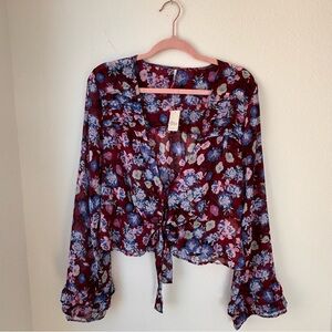 Free People Floral Print Tie-Front Blouse